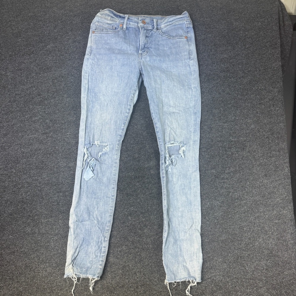 Express Skinny Jeans Women 8 Long Blue Denim Stretch Mid Rise Distressed Raw Hem